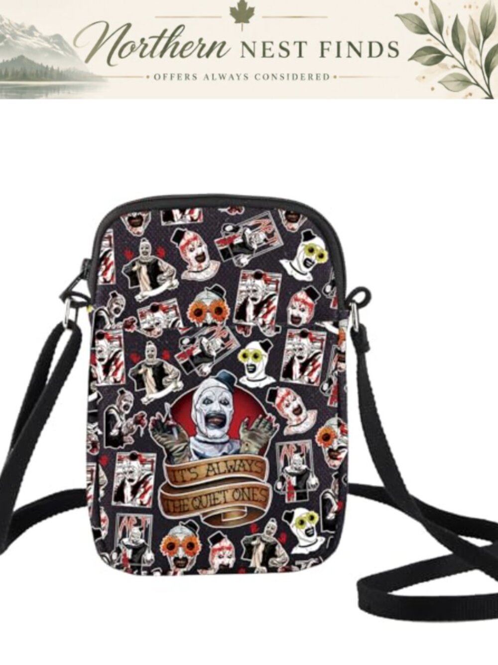 Cotton Canvas Crossbody Bag Horror Clown Art Adjustable Strap